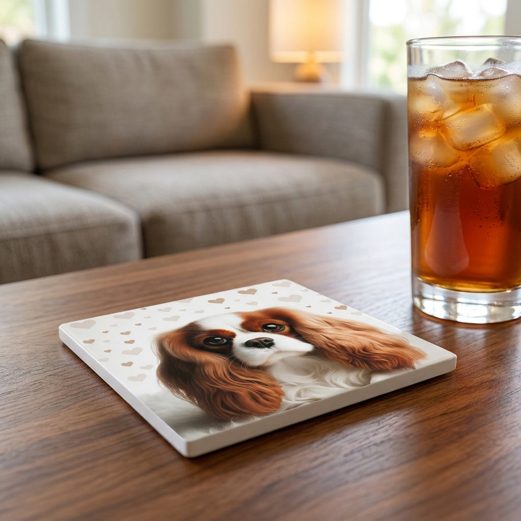 Cavalier King Charles Spaniel ceramic coasters set of 4, lifestyle