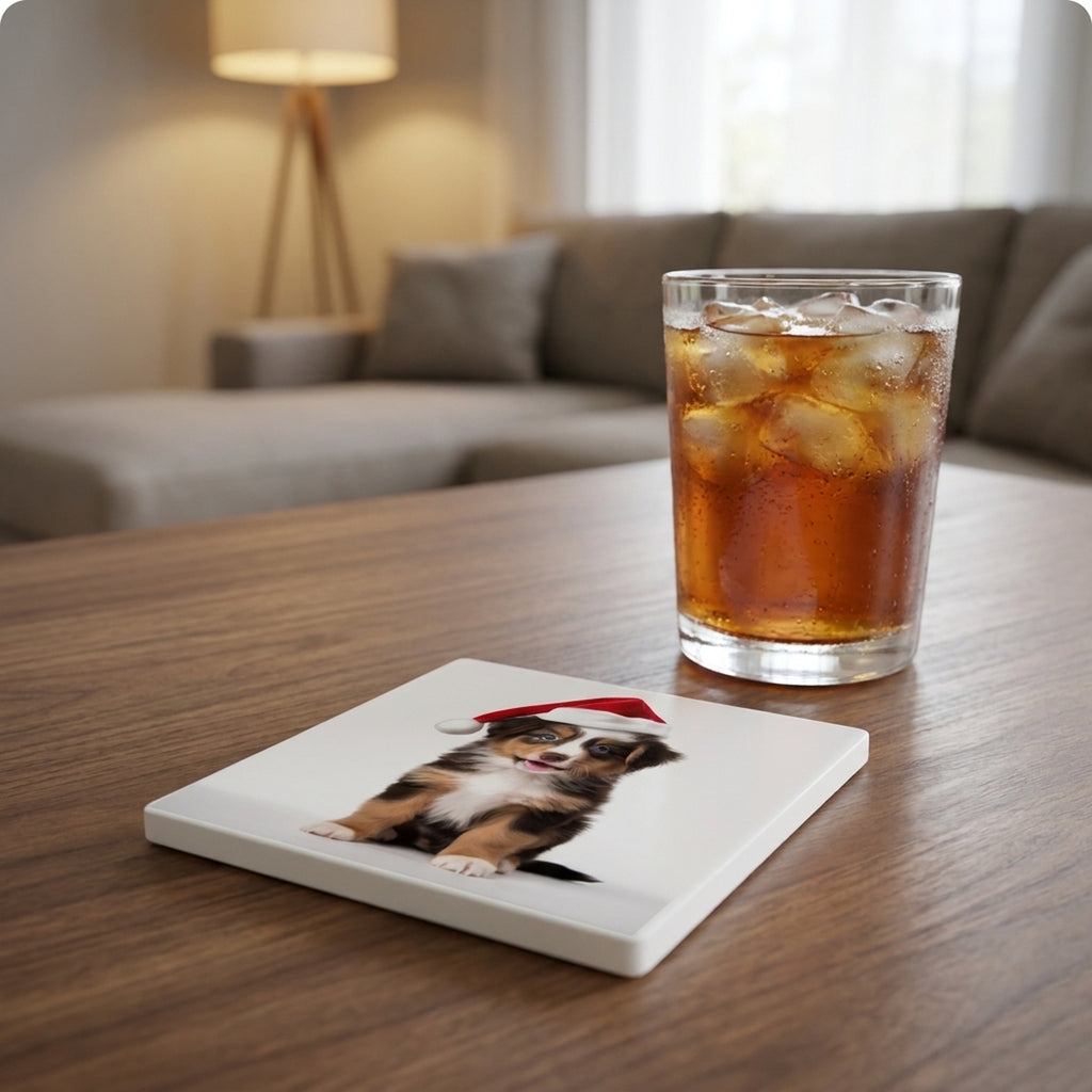 Miniature American Shepherd Puppy ceramic coasters set of 4, lifestyle