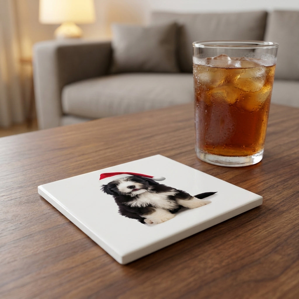 Polish Lowland Sheepdog Puppy ceramic coasters set of 4, lifestyle