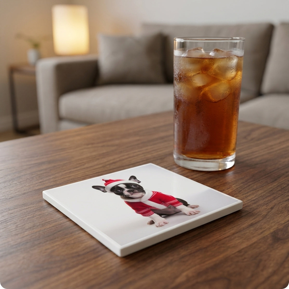 Boston Terrier Puppy ceramic coasters set of 4, lifestyle