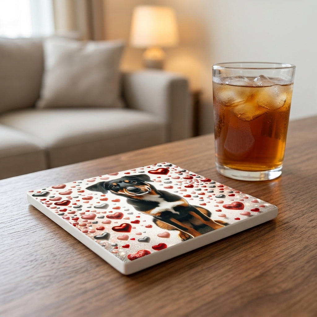 Greater Swiss Mountain Dog ceramic coasters set of 4, lifestyle