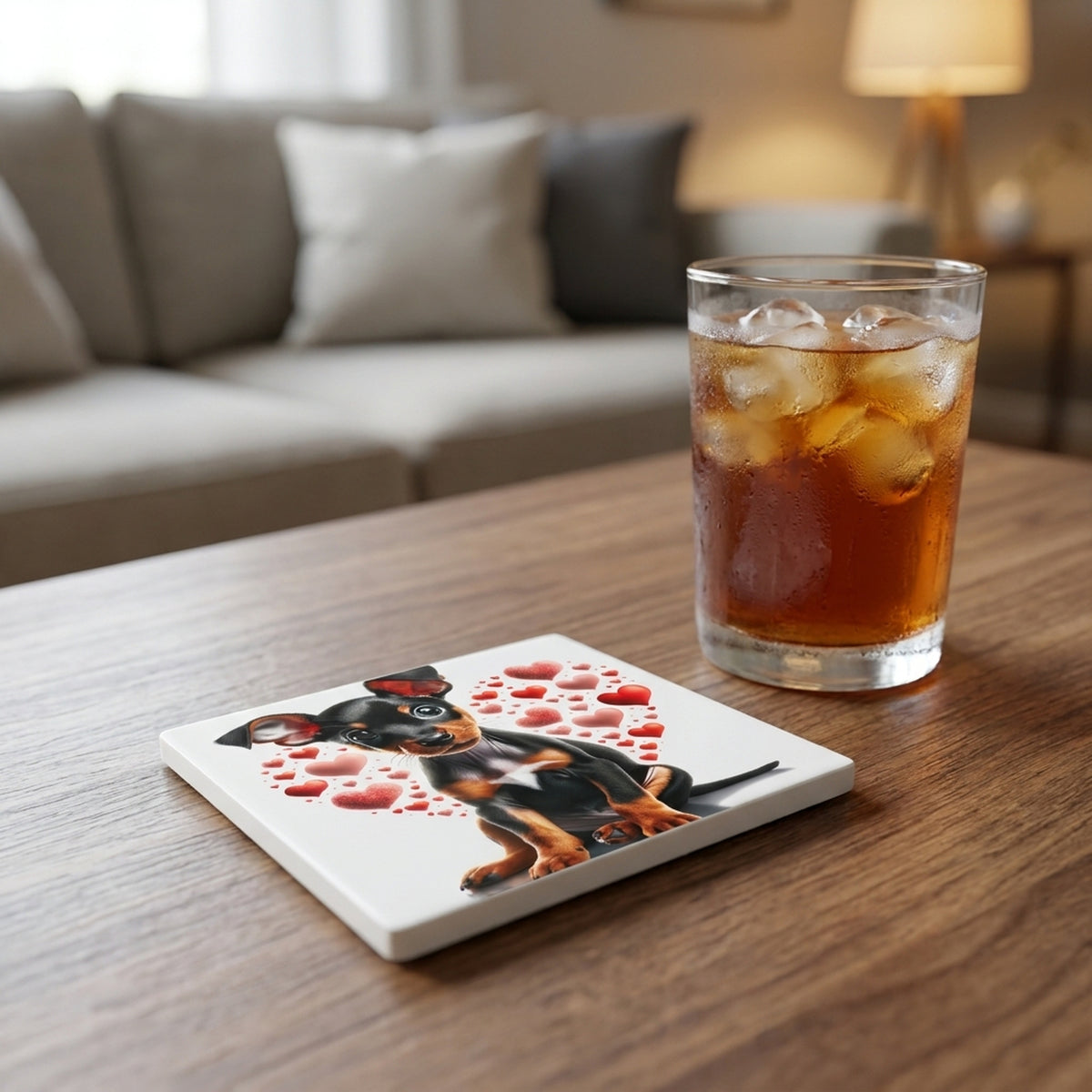 Miniature Pinscher ceramic coasters set of 4, lifestyle