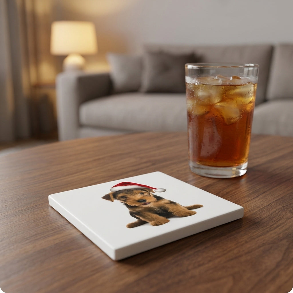Welsh Terrier Puppy ceramic coasters set of 4, lifestyle