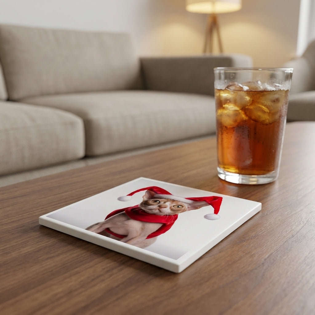 Devon Rex Cat ceramic coasters set of 4, lifestyle