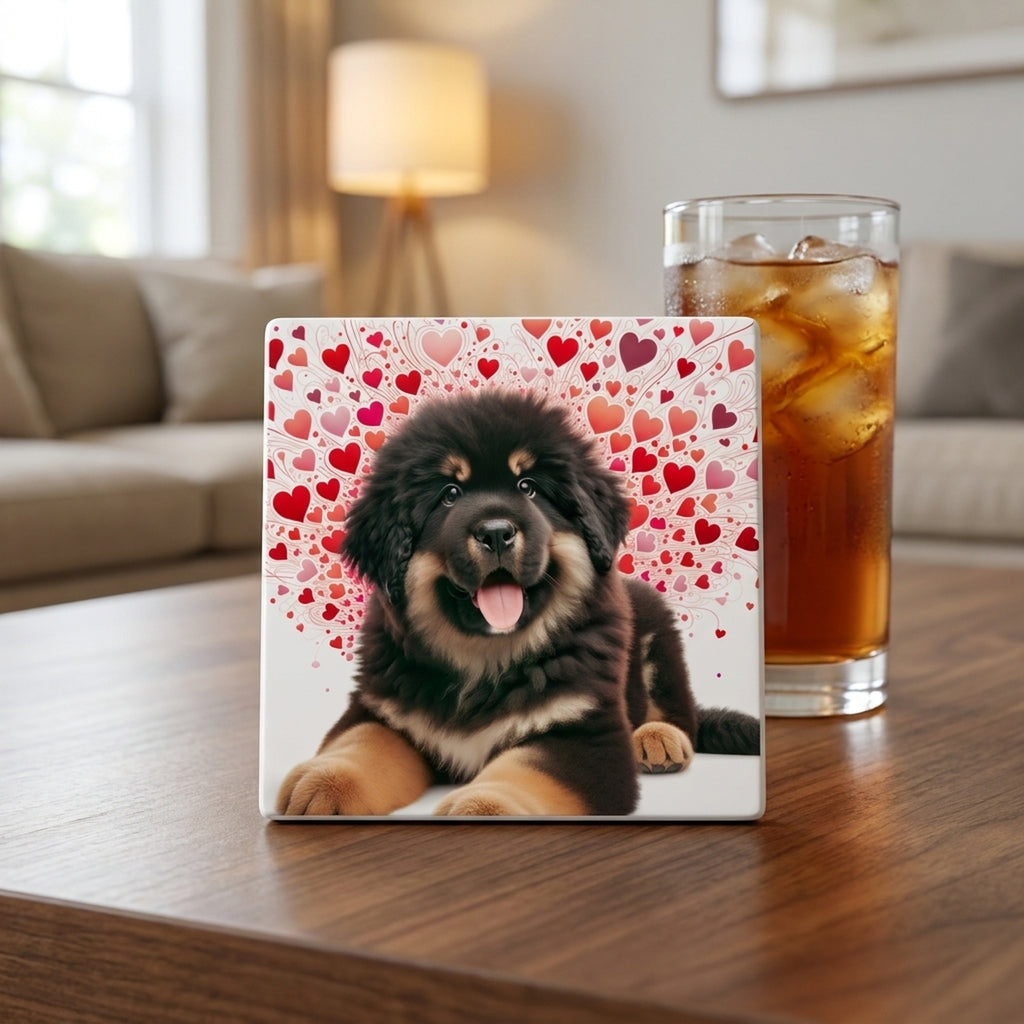 Tibetan Mastiff ceramic coasters set of 4, lifestyle