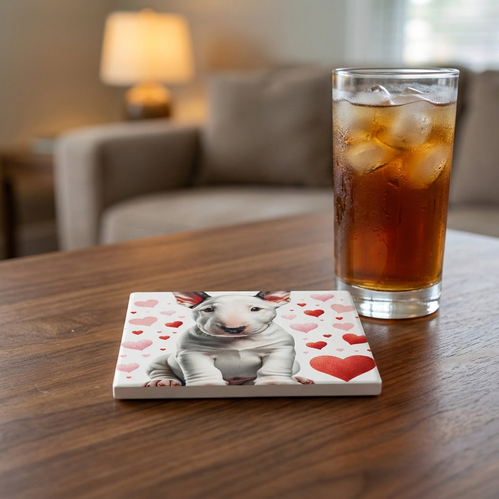 Bull Terrier ceramic coasters set of 4, lifestyle