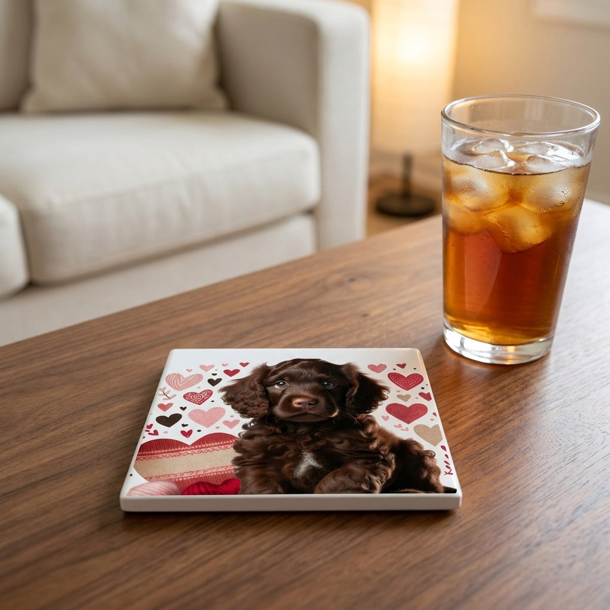 Boykin Spaniel ceramic coasters set of 4, lifestyle