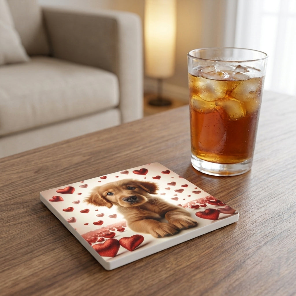 Golden Retriever ceramic coasters set of 4, lifestyle