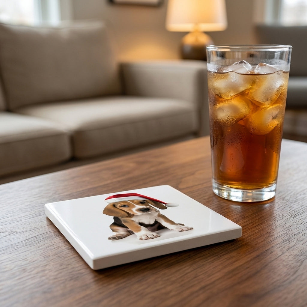 English Foxhound Puppy ceramic coasters set of 4, lifestyle