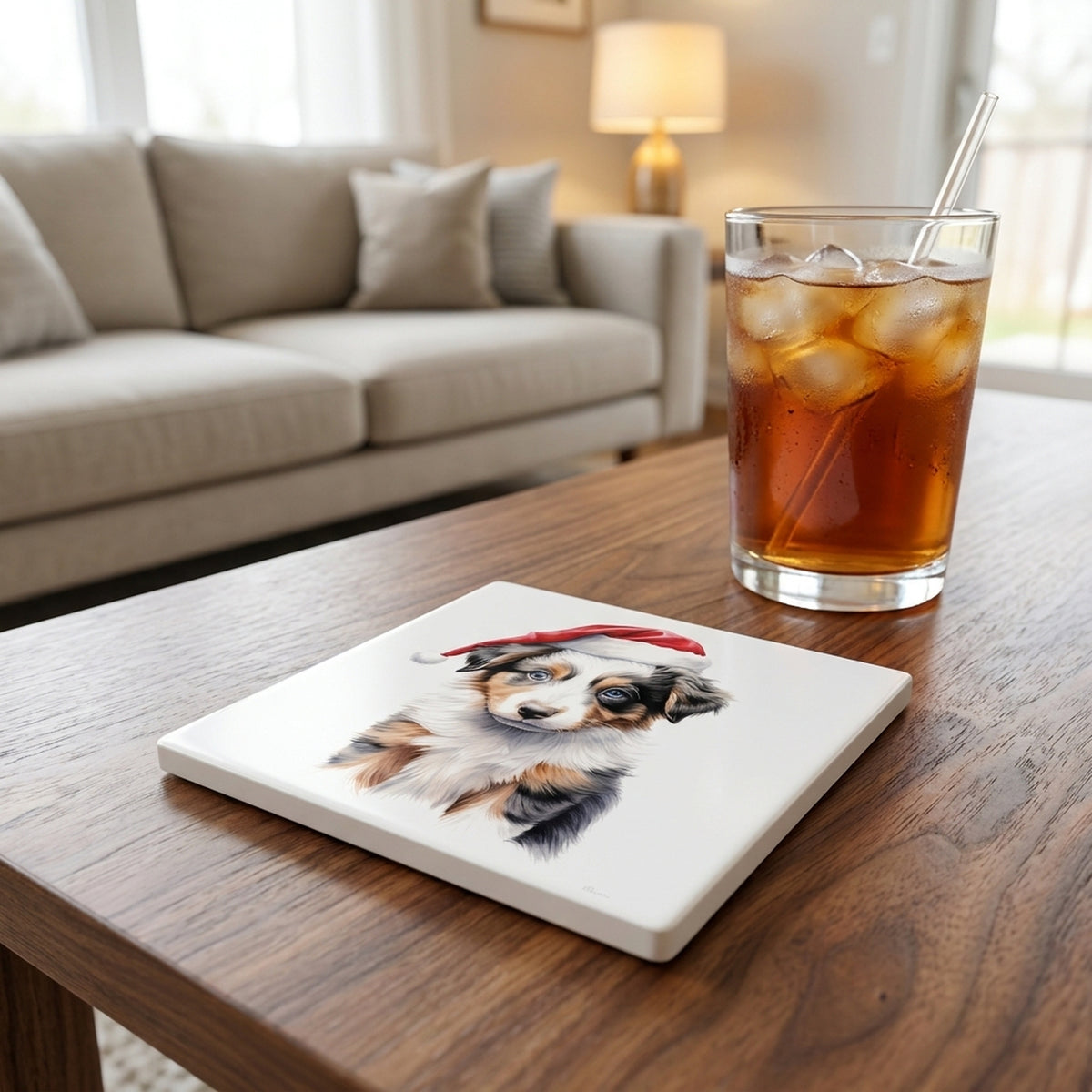 Australian Shepherd Puppy Drawing ceramic coasters set of 4, lifestyle