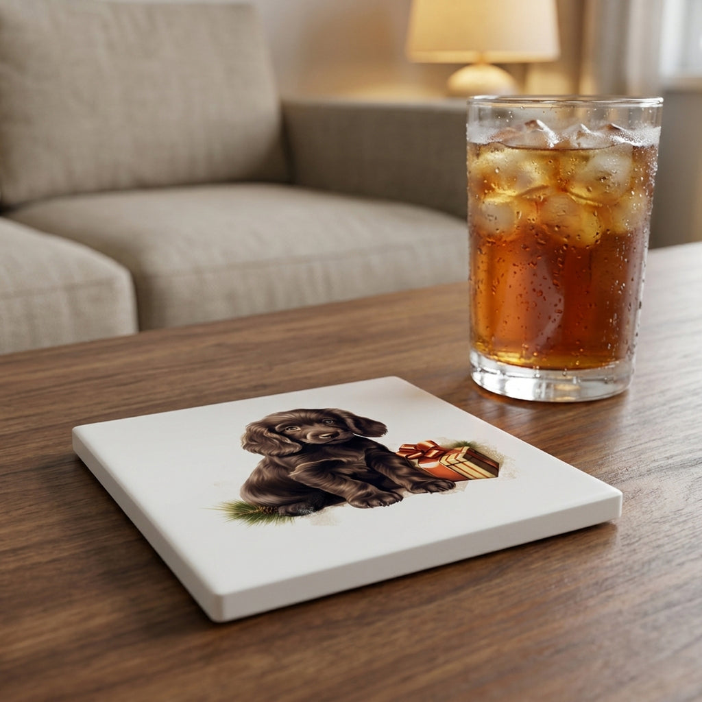 Field Spaniel Puppy Drawing ceramic coasters set of 4, lifestyle