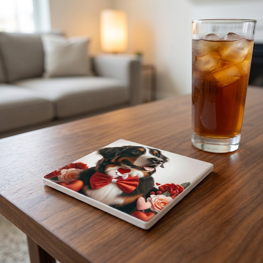 Bernese Mountain Dog ceramic coasters set of 4, lifestyle