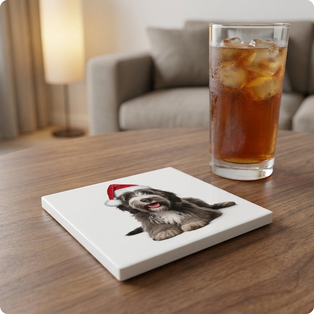 Bergamasco Sheepdog Puppy ceramic coasters set of 4, lifestyle
