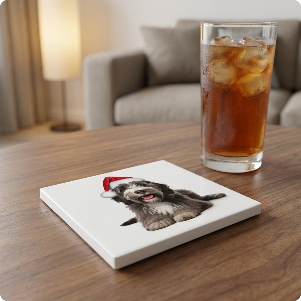Bergamasco Sheepdog Puppy ceramic coasters set of 4, lifestyle