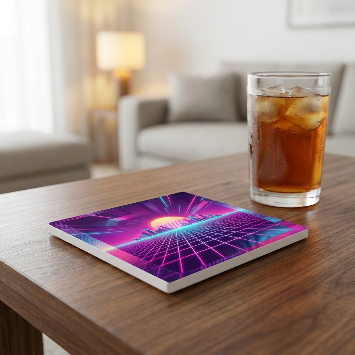 80s Neon Grid ceramic coasters set of 4, lifestyle