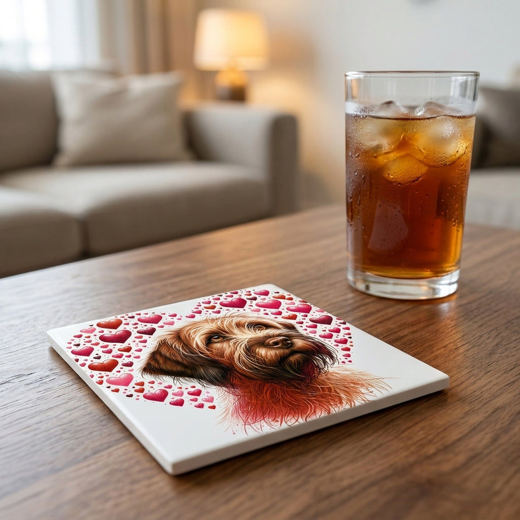 Wirehaired Pointing Griffon ceramic coasters set of 4, lifestyle