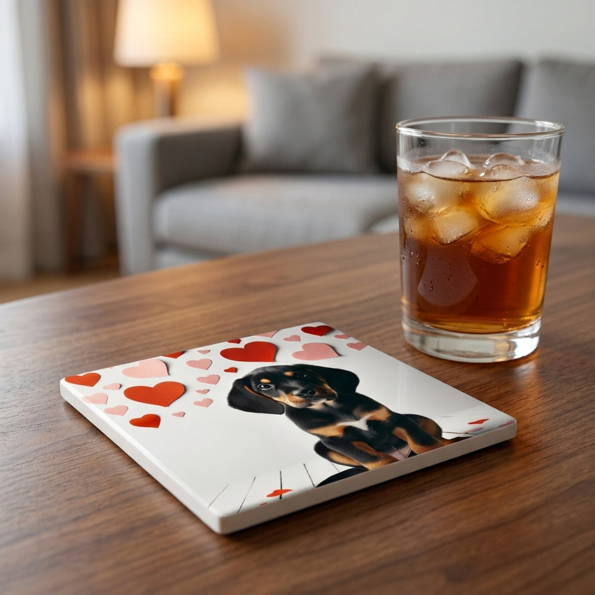 Black and Tan Coonhound ceramic coasters set of 4, lifestyle