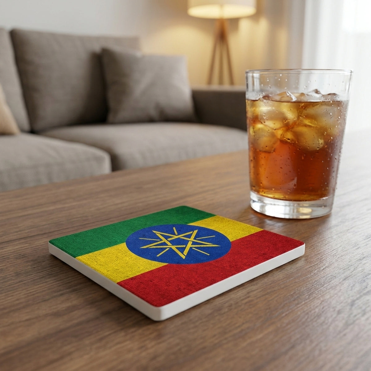 Ethiopia Flag Pride ceramic coasters set of 4, lifestyle