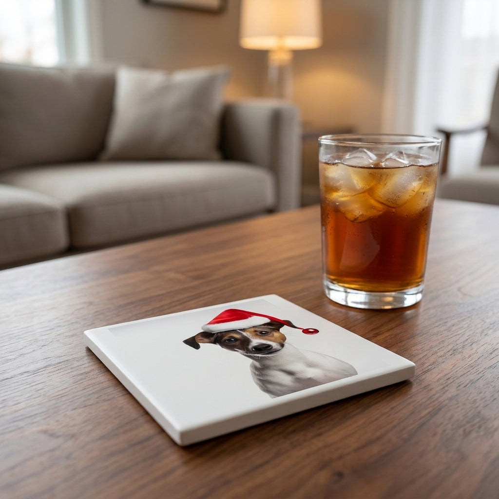 Smooth Fox Terrier ceramic coasters set of 4, lifestyle
