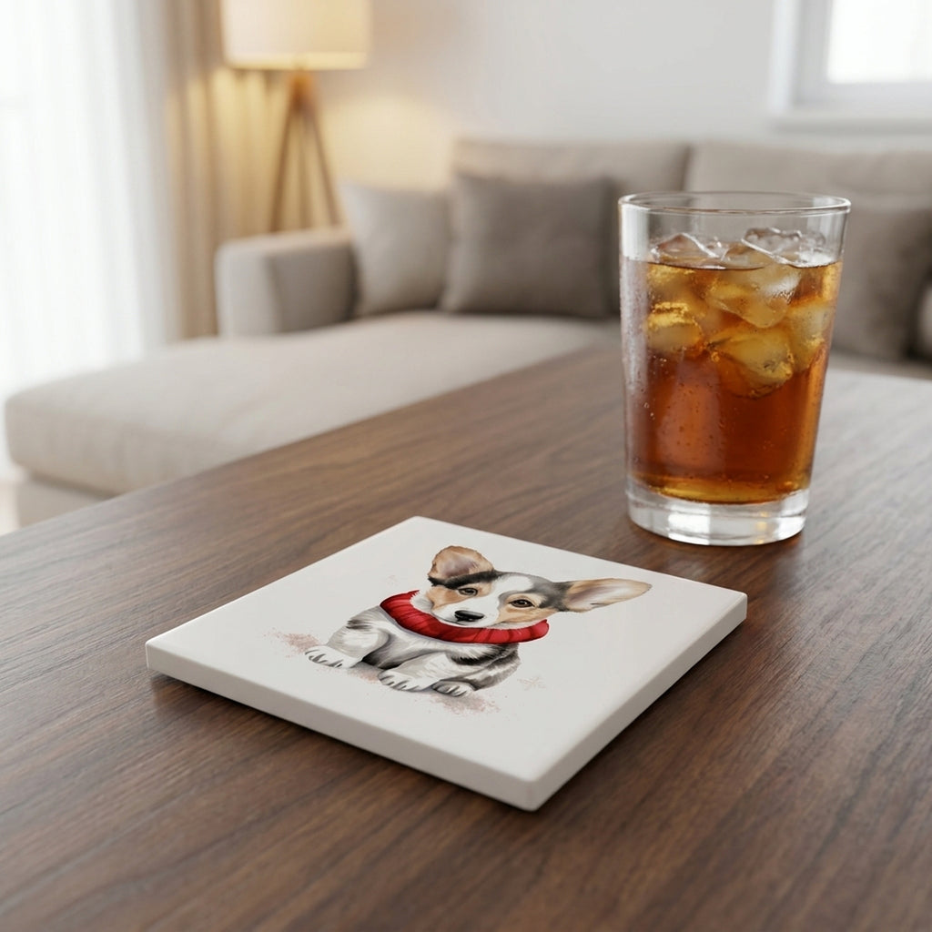 Cardigan Welsh Corgi Puppy Drawing ceramic coasters set of 4, lifestyle
