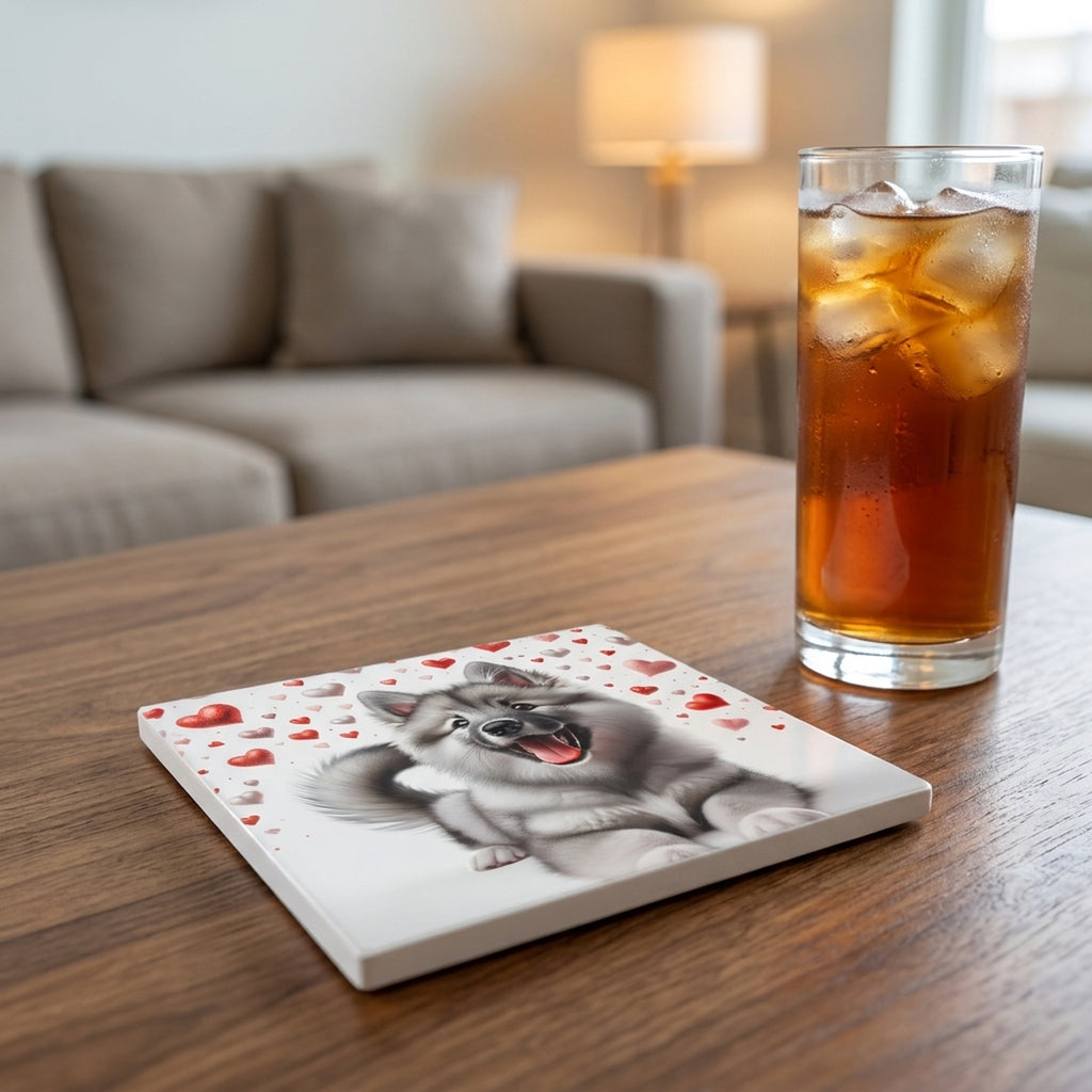 Keeshond ceramic coasters set of 4, lifestyle