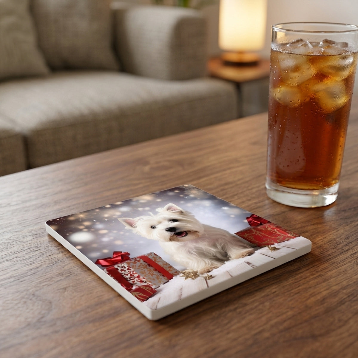 West Highland White Terrier ceramic coasters set of 4, lifestyle