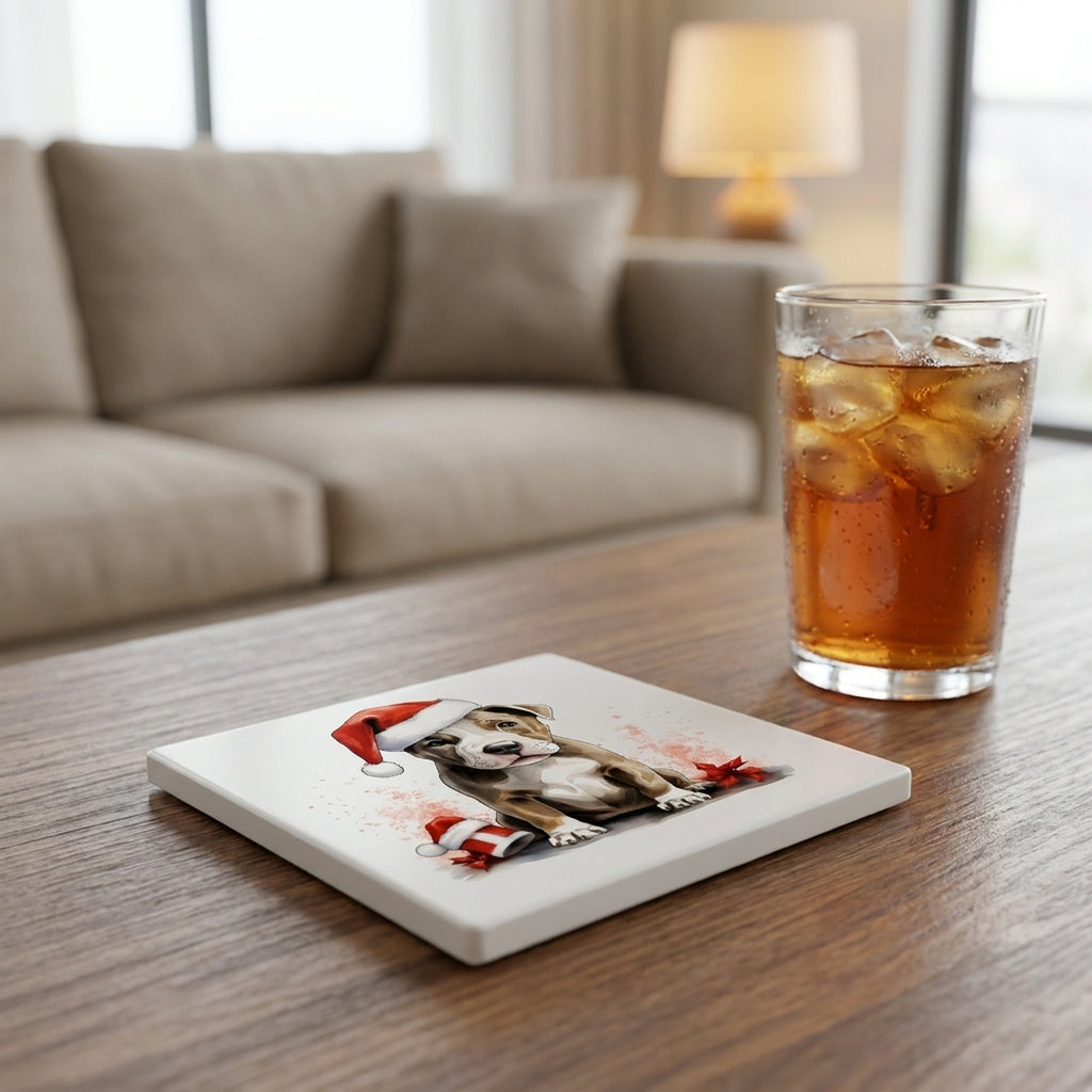American Staffordshire Terrier Puppy Drawing ceramic coasters set of 4, lifestyle