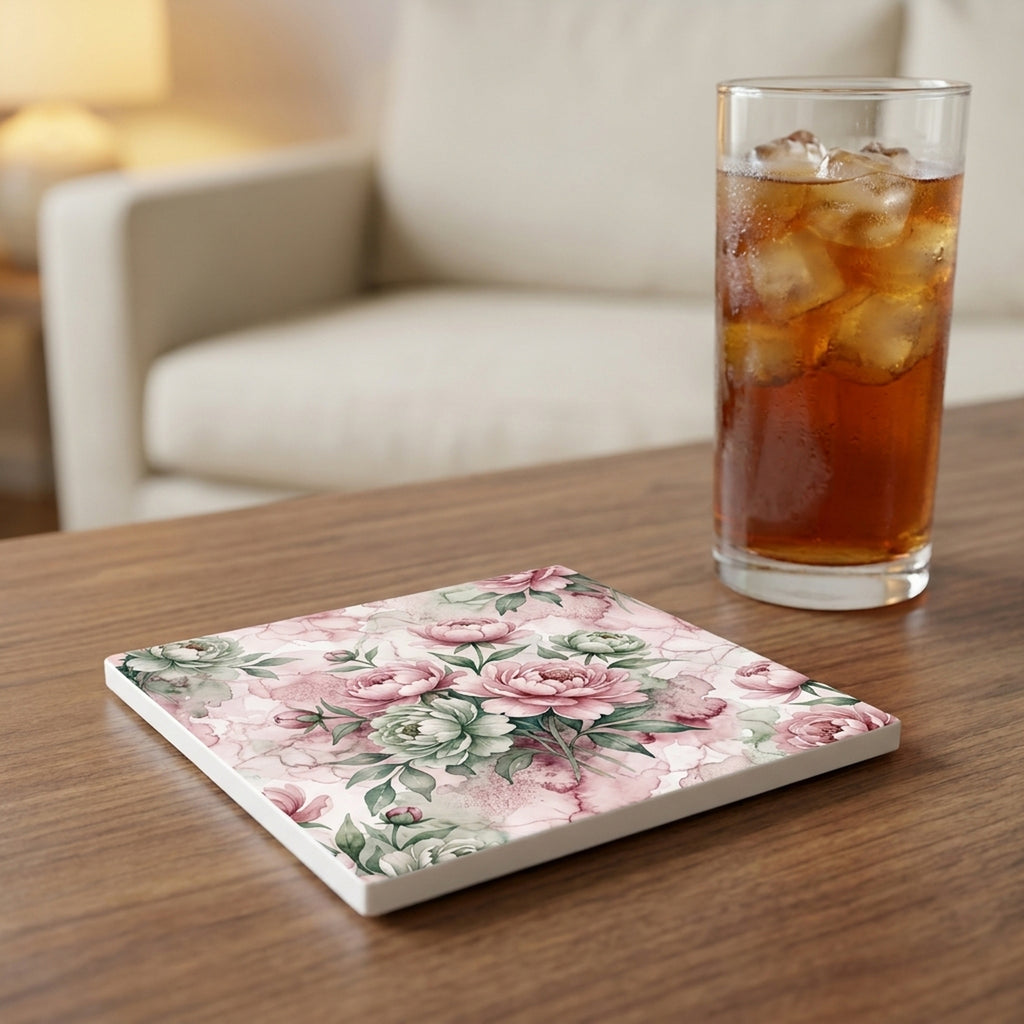 Watercolor Peony Floral ceramic coasters set of 4, lifestyle