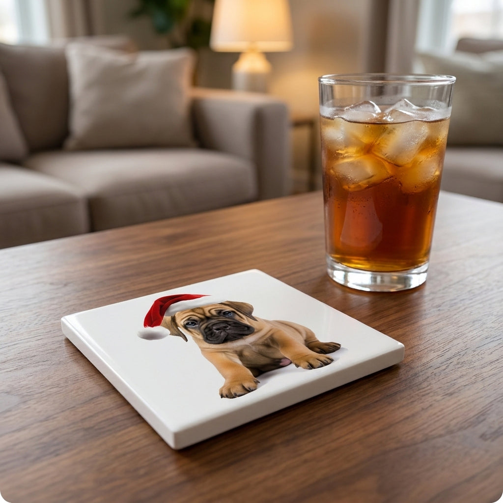Bullmastiff Puppy ceramic coasters set of 4, lifestyle