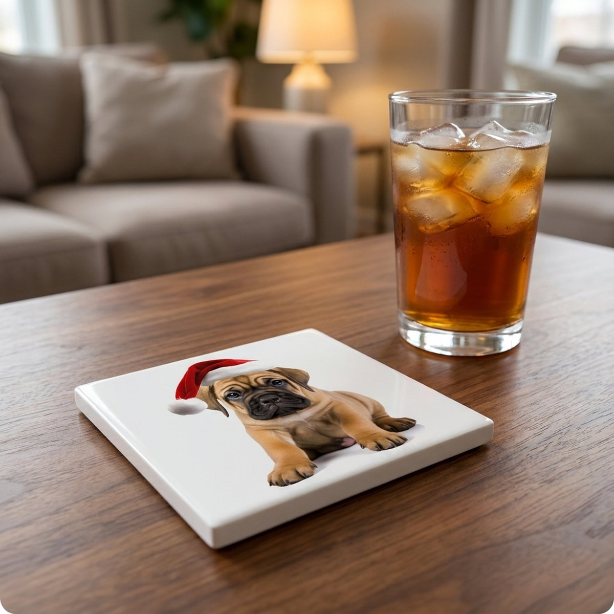 Bullmastiff Puppy ceramic coasters set of 4, lifestyle