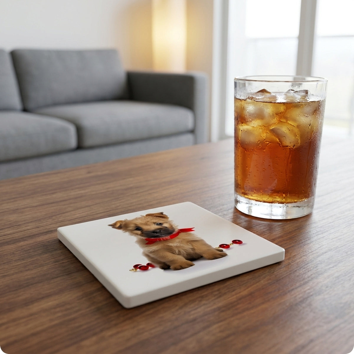 Norwich Terrier Puppy ceramic coasters set of 4, lifestyle