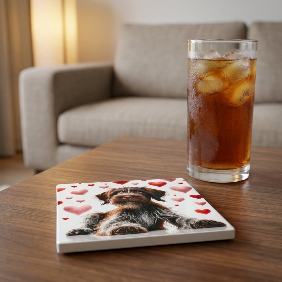 Wirehaired Pointing Griffon ceramic coasters set of 4, lifestyle