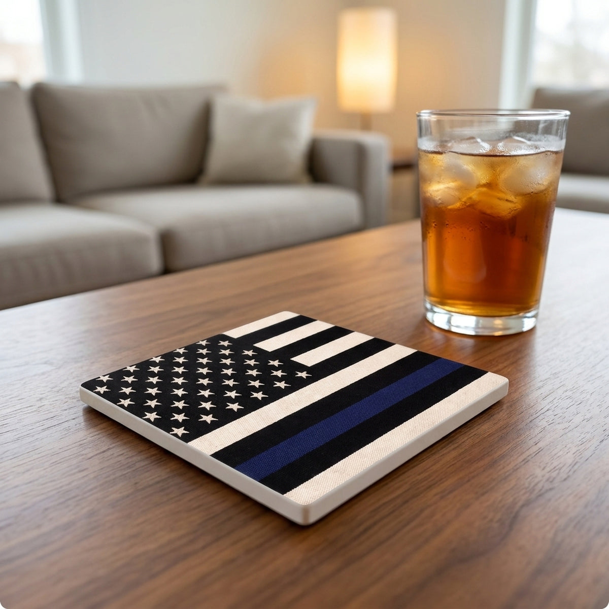 Thin Blue Line Flag ceramic coasters set of 4, lifestyle