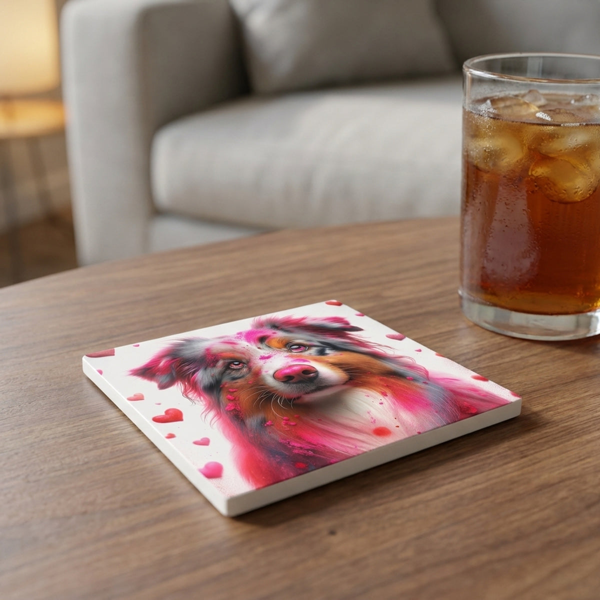 Australian Shepherd ceramic coasters set of 4, lifestyle