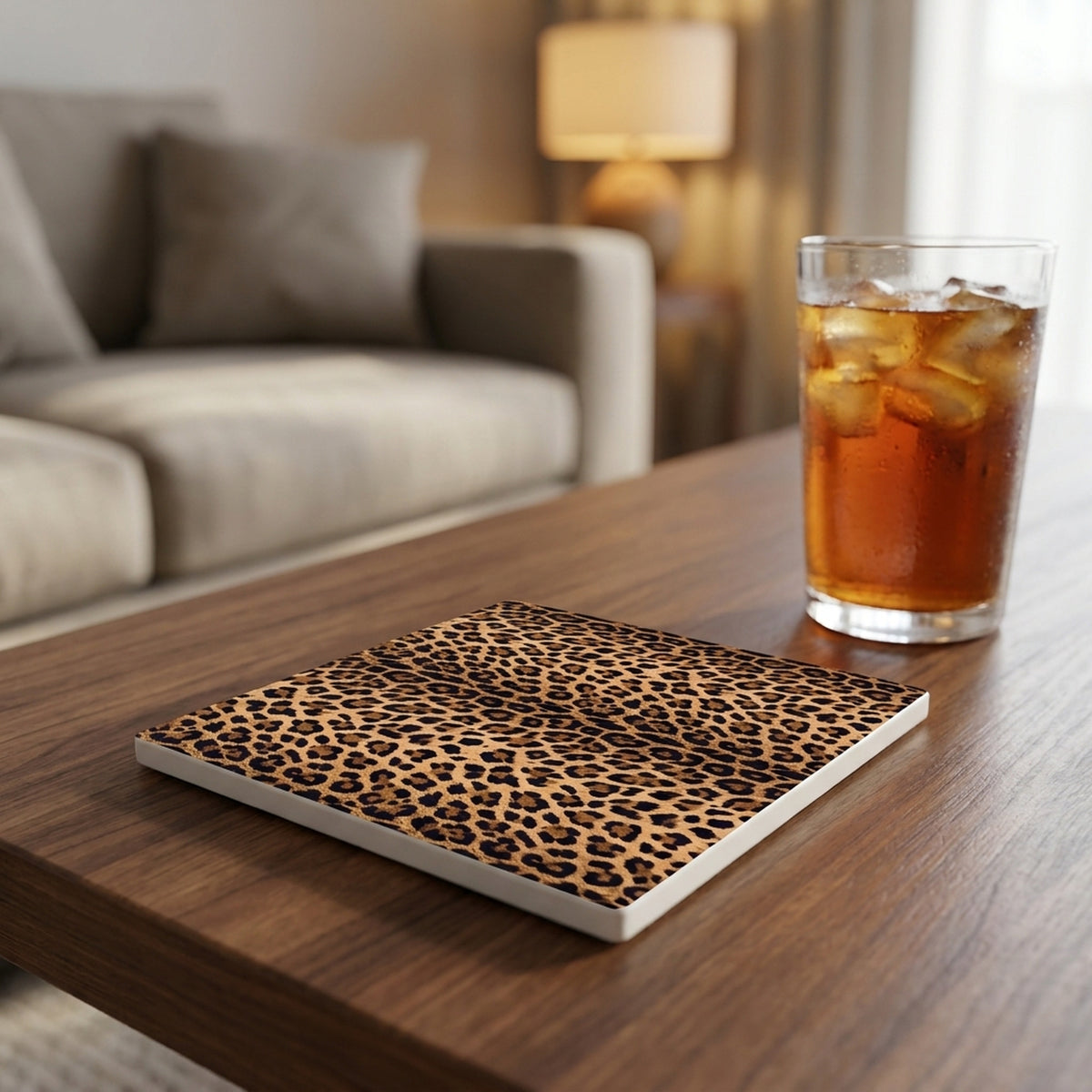 Leopard Print ceramic coasters set of 4, lifestyle