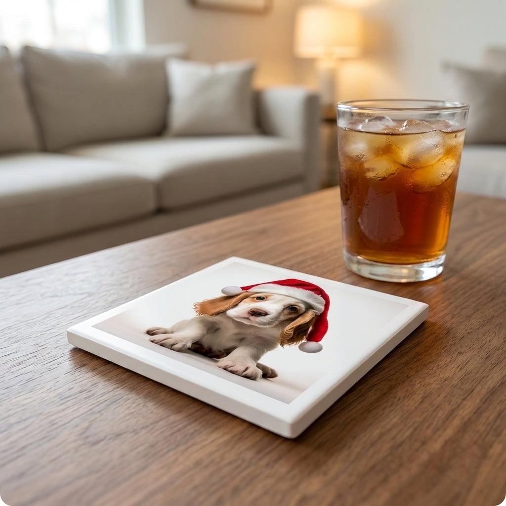 Clumber Spaniel Puppy ceramic coasters set of 4, lifestyle