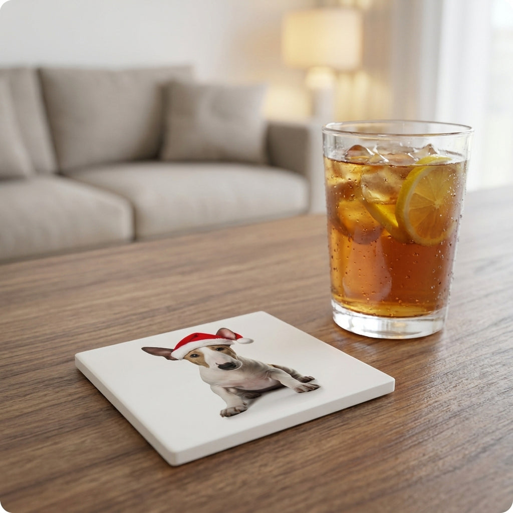 Miniature Bull Terrier ceramic coasters set of 4, lifestyle