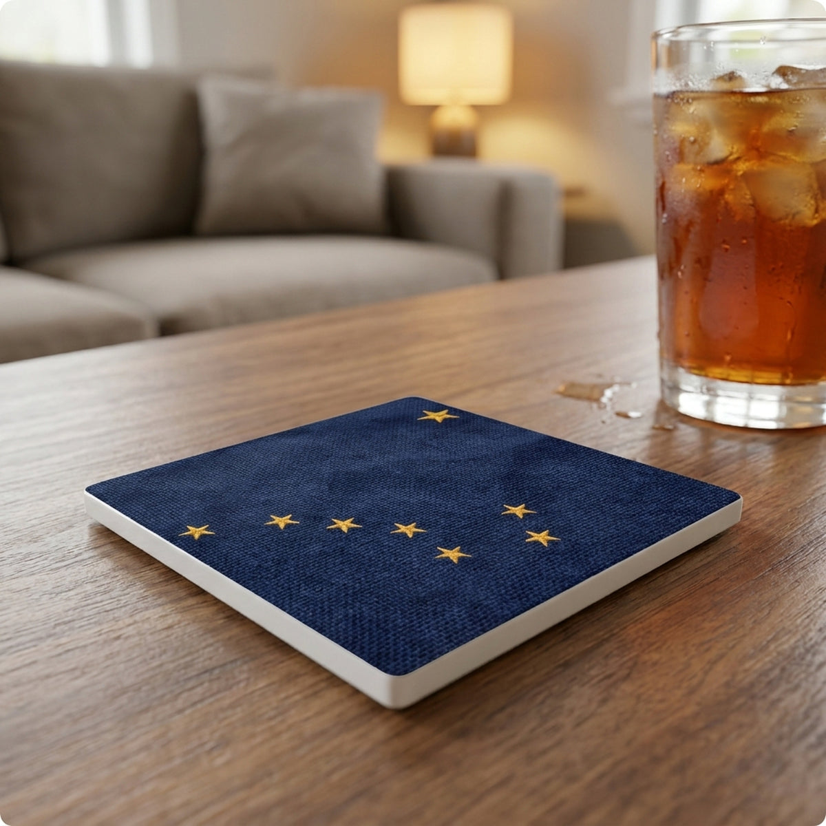 Alaska State Flag ceramic coasters set of 4, lifestyle