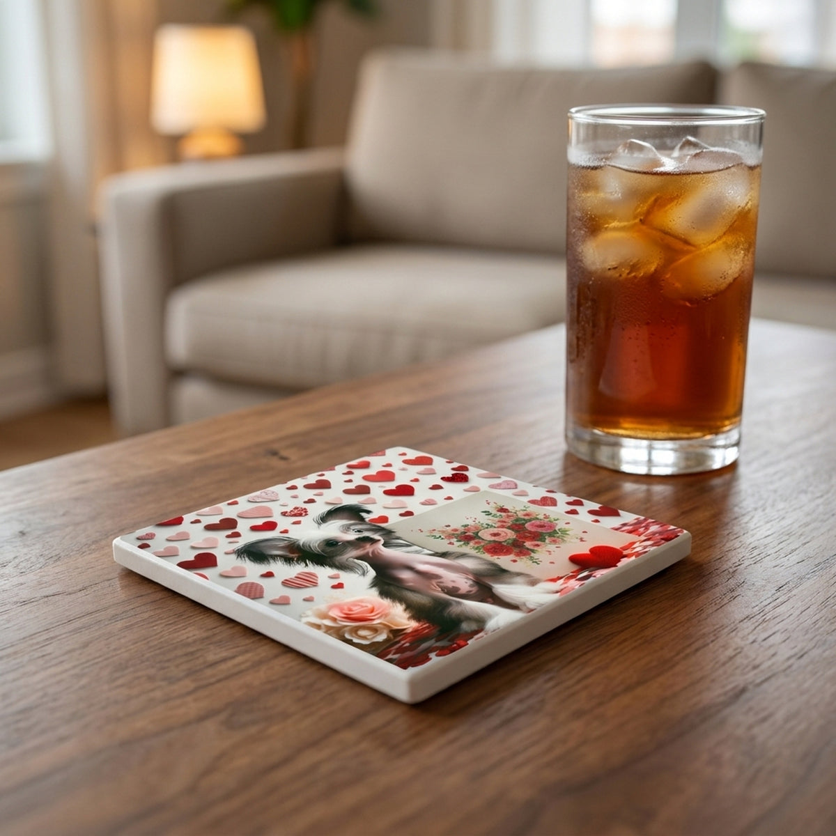 Chinese Crested ceramic coasters set of 4, lifestyle