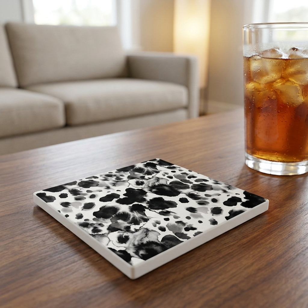 Cow Print ceramic coasters set of 4, lifestyle