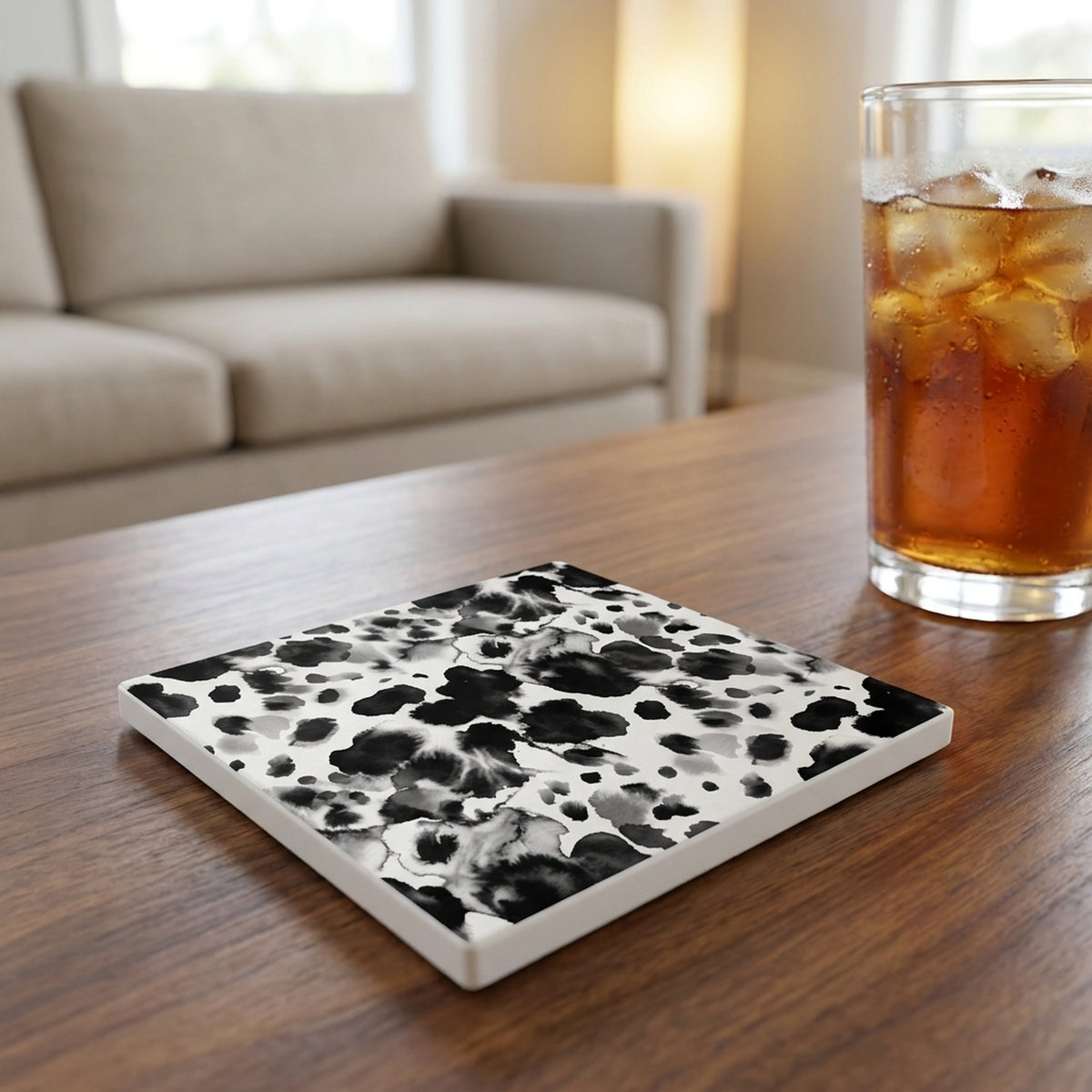Cow Print ceramic coasters set of 4, lifestyle