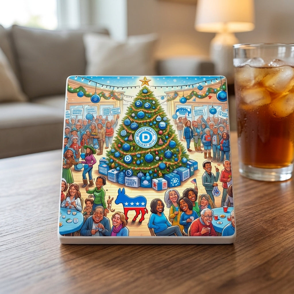 Blue Democratic Christmas ceramic coasters set of 4, lifestyle