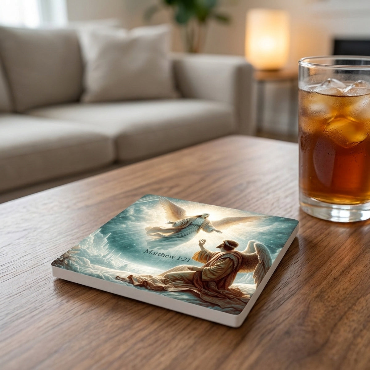 Golden Heavenly Angels ceramic coasters set of 4, lifestyle