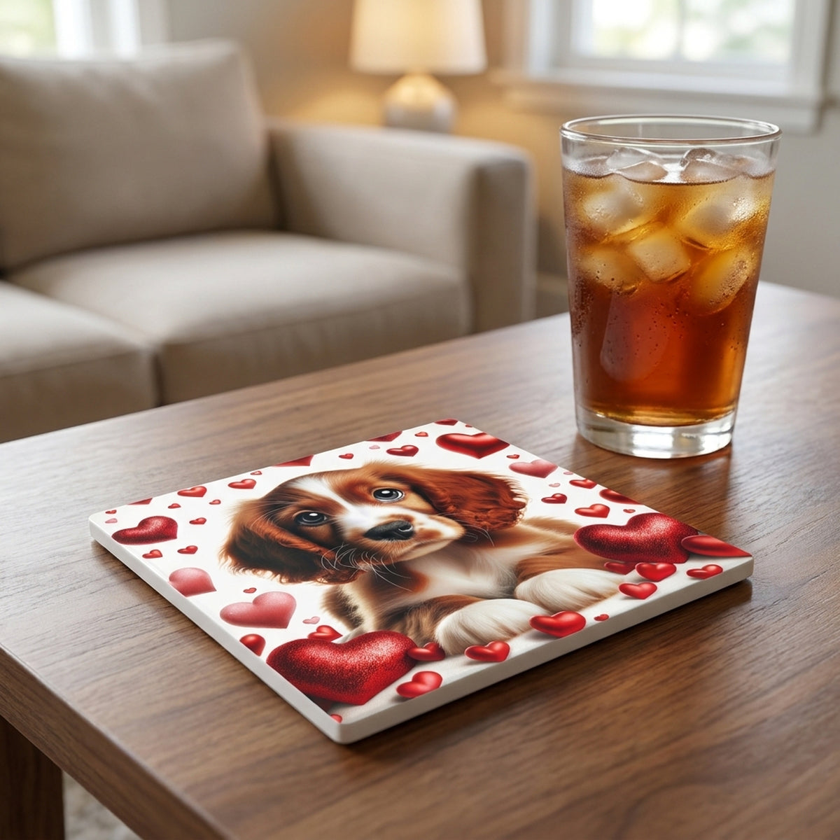 Cavalier King Charles Spaniel ceramic coasters set of 4, lifestyle