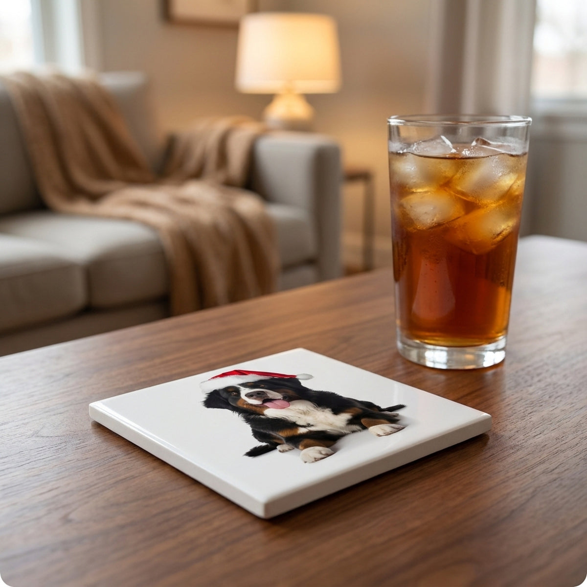 Bernese Mountain Dog ceramic coasters set of 4, lifestyle