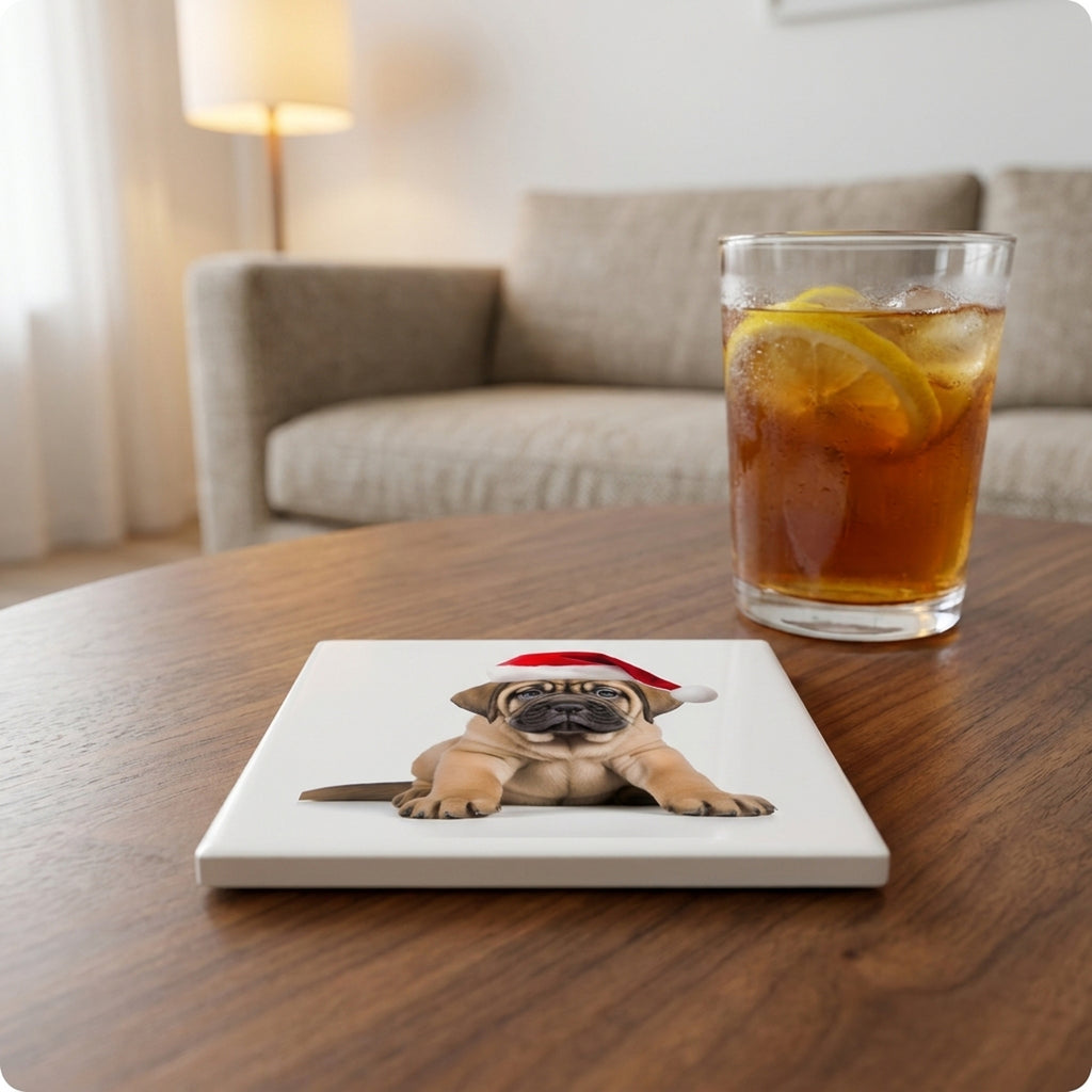 Mastiff Puppy ceramic coasters set of 4, lifestyle