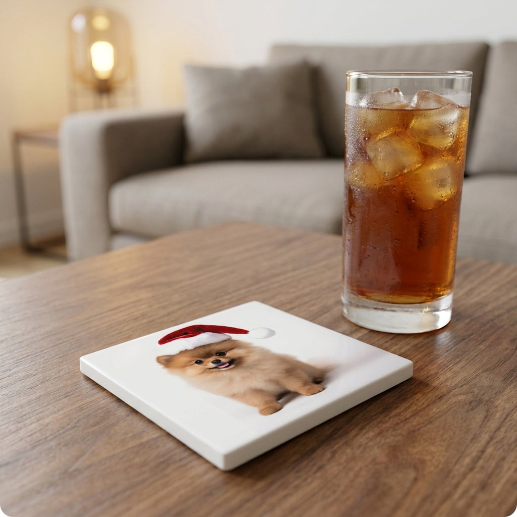 Pomeranian Puppy ceramic coasters set of 4, lifestyle