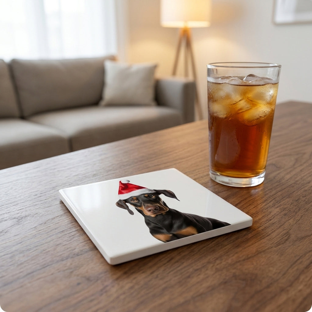 Doberman Pinscher ceramic coasters set of 4, lifestyle