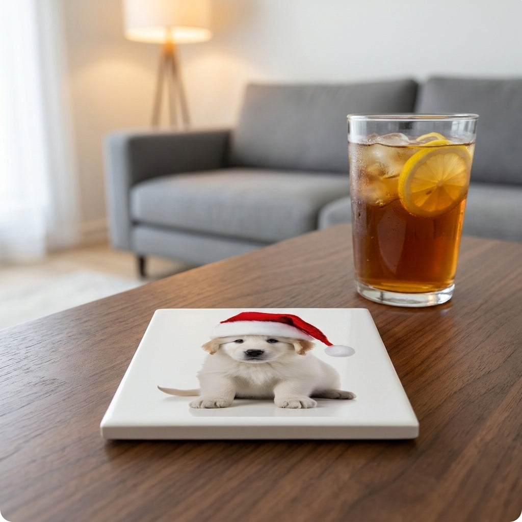 Kuvaszok Puppy ceramic coasters set of 4, lifestyle