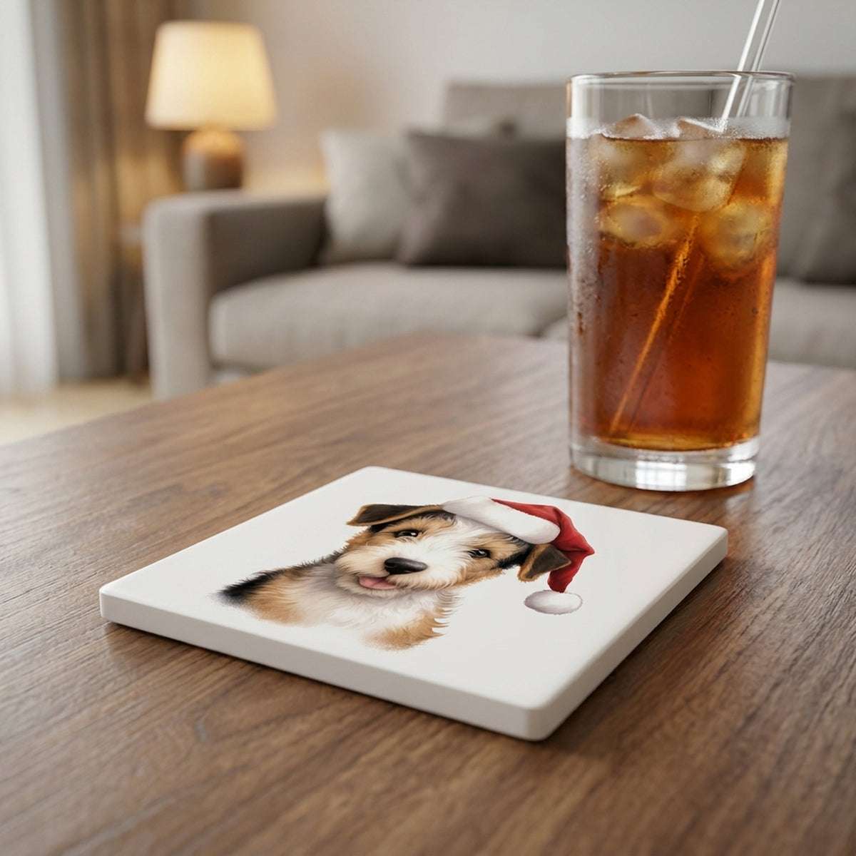 Wire Fox Terrier Puppy Drawing ceramic coasters set of 4, lifestyle